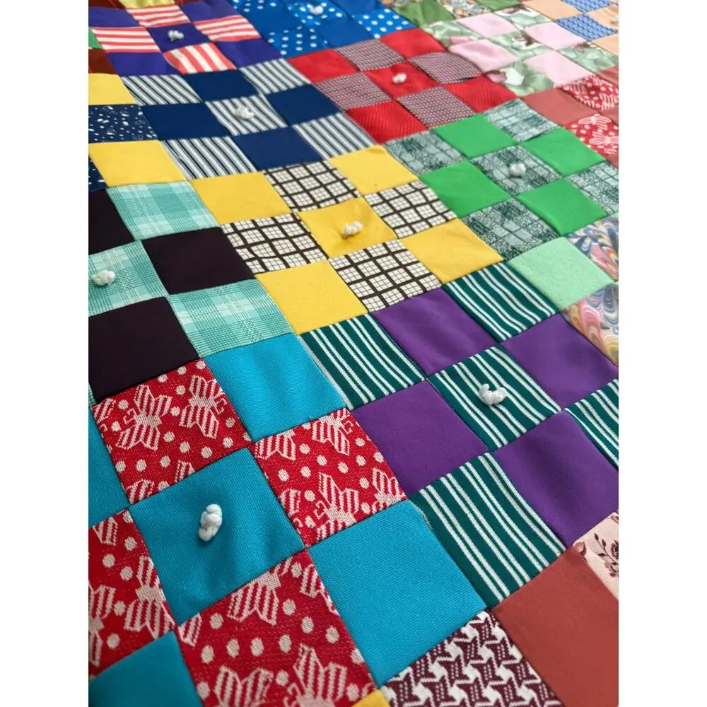 Vintage Handmade Polyester Double Knit Patchwork Tied Comforter Queen Granny